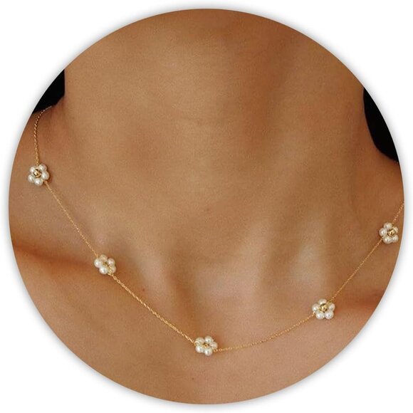 Pearl Necklaces for Women, Daisy Pearl Choker as Y Shaped Pearls Jewelry Gold He - Picture 1 of 7